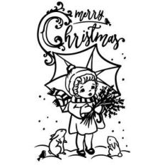 merry christmas - vintage girl with umbrella, mistletoe and animals