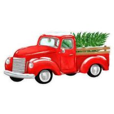 red pickup truck with a christmas tree
