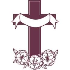 floral cross with draped ribbon