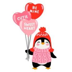 valentine's day penguin with heart balloons