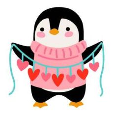 penguin with string of hearts
