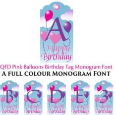 qfd pink balloons birthday tag colour monogram font