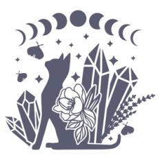 celestial cat with crystals and flowers