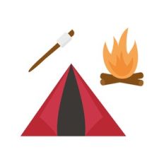 camping elements: fire, tent and marshmallow