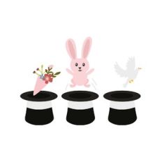 magician elements: hats, rabbit, bird and flowers