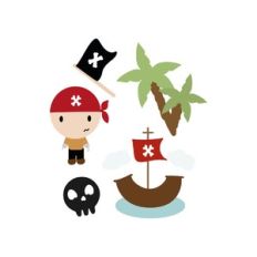 pirate elements: little pirates, boats, skeleton and palm