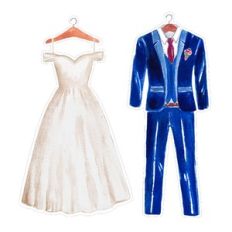 wedding dress and blue grooms suit