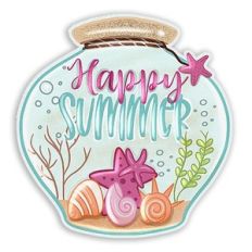 happy summer jar with seashells and starfish