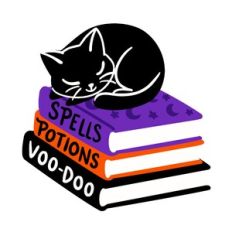 Black Cat Sleeping on Spell Books