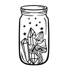 mushrooms, crystals in a jar