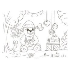 Cute bear in the forest Christmas Coloring Page