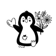 Penguin with heart and flowers