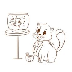 Funny Cat and Goldfish Coloring Page