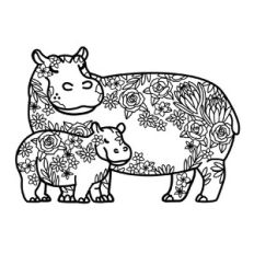 Hippopotamus Mother and Baby Floral Mandala