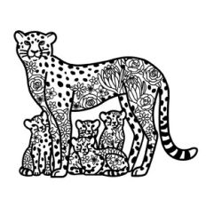 Cheetah Mother with Cubs Floral Mandala