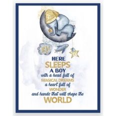 Nursery printable with cute elephant sleeping on the moon