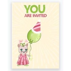Girl Party Invitation with happy kitty and balloon