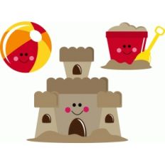 cute beach ball, sandcastle and sand pale set