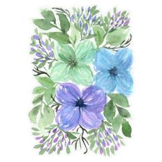 Blue Purple Green Watercolor Flower Arrangement Print and Cut