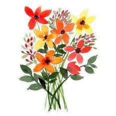 Whimsical Red Orange Yellow Watercolor Flower Bouquet Print and Cut
