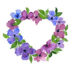 Purple and Blue Watercolor Flowers Heart Wreath Frame Print and Cut