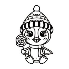 Penguin in a hat with lollipop