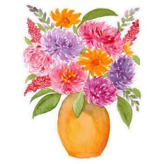 Summer Dahlias in Vase Watercolor Flower Arrangement
