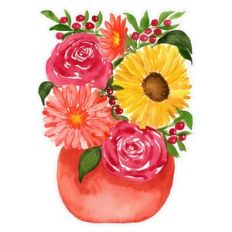 Summer Fall Watercolor Sunflower, Gerbera and Roses In Vase Print and