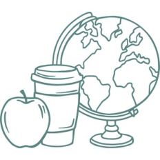 globe with apple and coffee cup