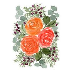 Fall Watercolor Roses and Berries Arrangement Print and Cut
