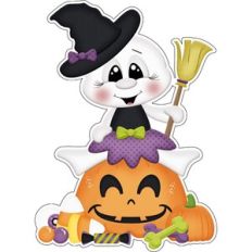 Ghost sitting on pumpkin with broom