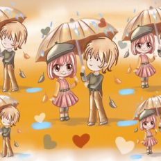 Chibi Cute Pattern with Boy And girl under the Rain