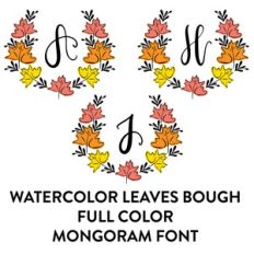 watercolor leaves wreath full color monogram font 3