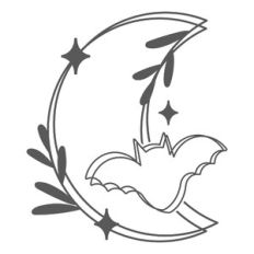 Floral Crescent Moon and Bat Line Art