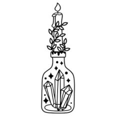 witchcraft bottle with crystals and candle