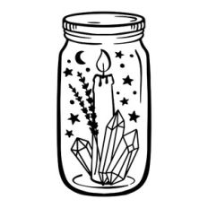 candle and crystals in a jar