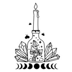 bottle with candle, mushroom and crystals