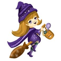 Cute witch Flying on Her Broom with Candy Basket Witch