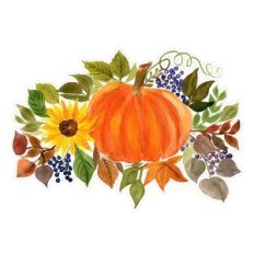 Thanksgiving Fall / Autumn Watercolor Pumpkin and Sunflower with Leave