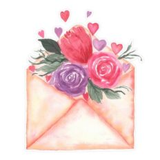 Watercolor Hearts Flowers in Envelope Valentine’s Mother’s Day Birthday