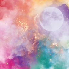 Rainbow Sky With Full Moon and Gold Metallic Galaxy