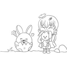 Easter Coloring Page With Cute Bunny Egg and Girl Print and Cut
