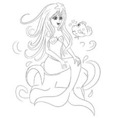 Cute Mermaid with Fish Coloring Page