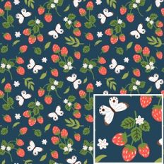 Strawberries and Butterflies Dark Blue Pattern Background