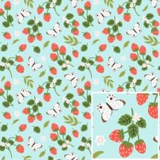 Strawberries and Butterflies Light Blue Pattern Background