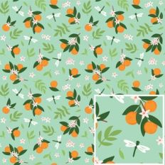 Oranges and Dragonflies Green Pattern Background