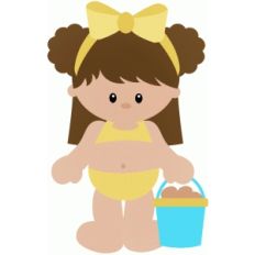 girl in swimming suit holding a bucket of sand
