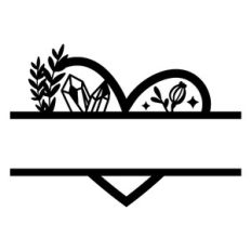 heart split monogram with a magical crystals, herbs and stars