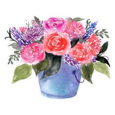 Watercolor Roses Dahlias Lavender Bouquet in Bucket Print and Cut