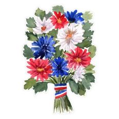 Red White Blue Patriot Watercolor Daisies Bouquet Print and Cut